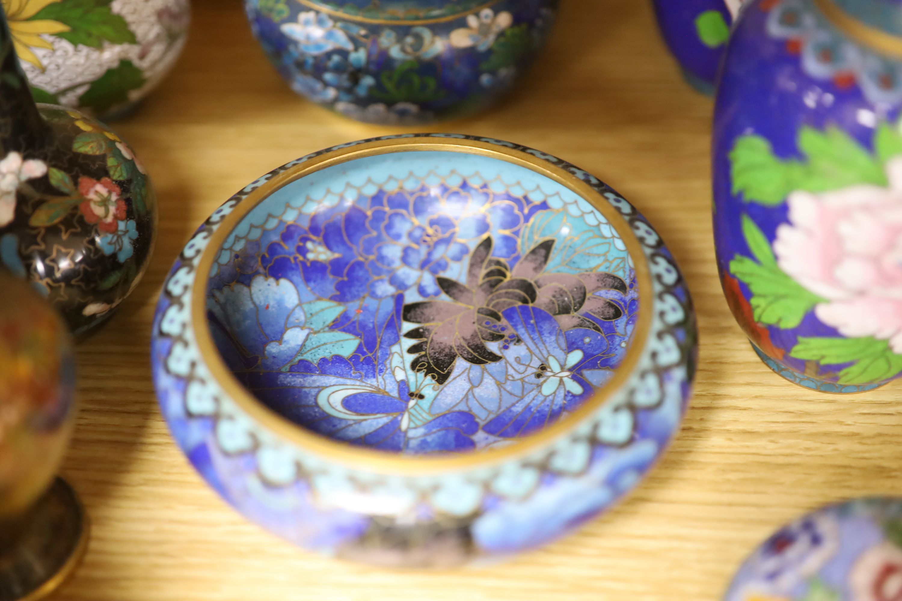 A large collection of cloisonne vases, pots, bowls etc, tallest 31cm